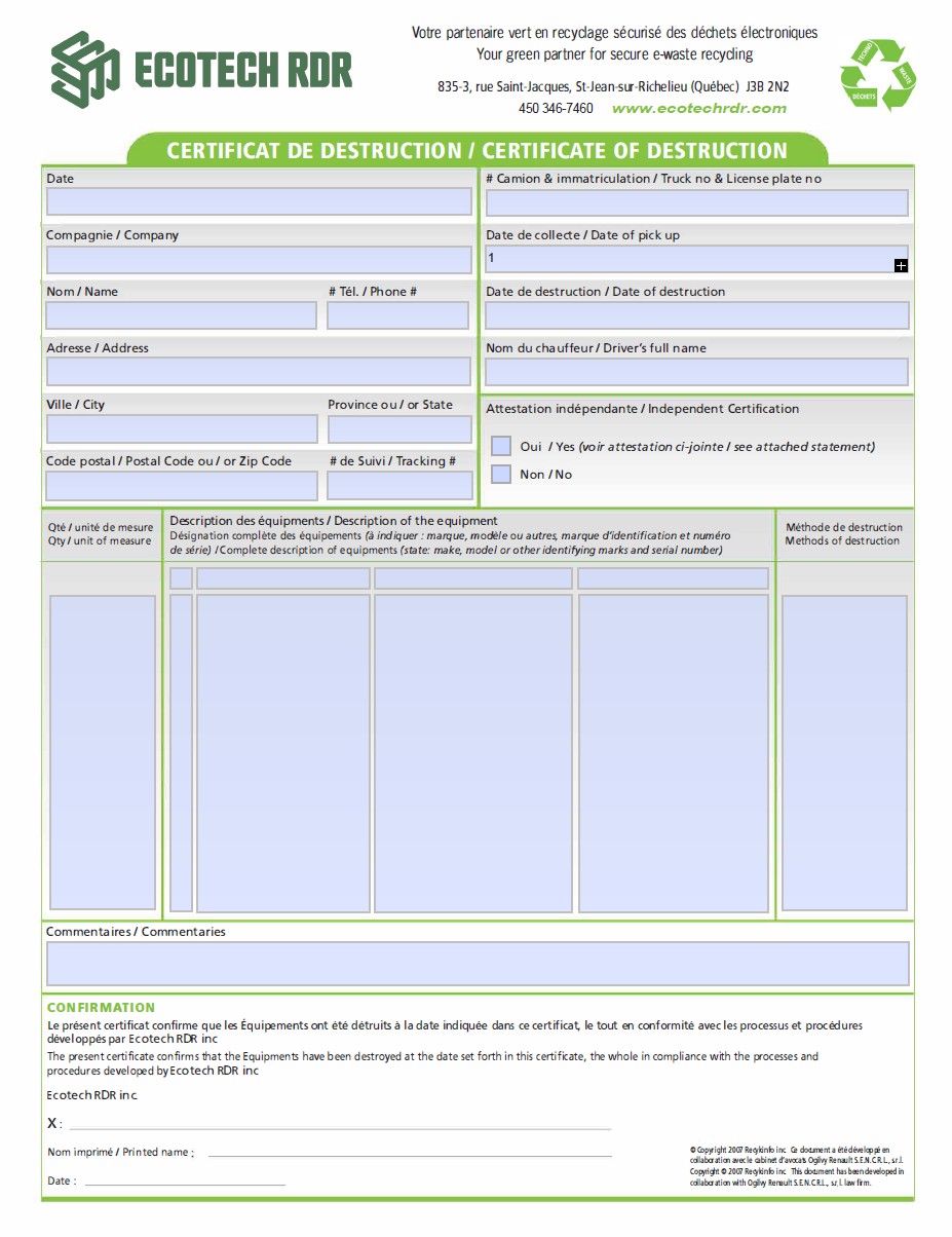 Certificats de destruction remis à nos clients